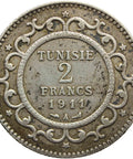 1911 2 Francs Tunisia Muhammad V Silver Coin