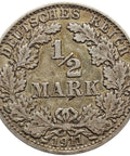 1911 A Germany Half Mark Wilhelm II Coin Silver Berlin Mint