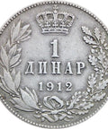 1912 One Dinar Serbia Petar I Silver Coin