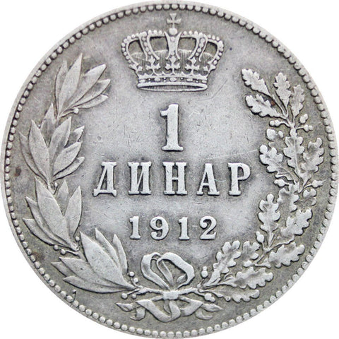 1912 One Dinar Serbia Petar I Silver Coin