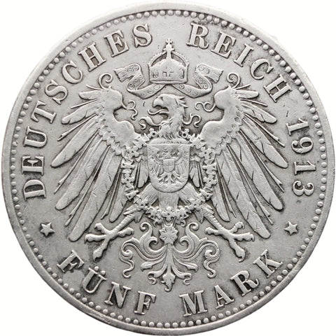 1913 A 5 Mark Prussia Coin Germany Wilhelm II Silver Berlin Mint