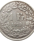 1913 One Franc Switzerland Coin Silver Helvetia