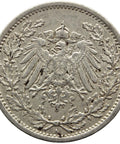 1914 A Germany Half Mark Wilhelm II Coin Silver (type 2 - small shield)