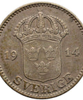 1914 W 25 Öre Sweden Coin Gustaf V Silver
