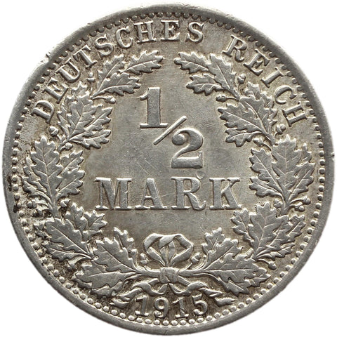 1915 A Germany Half Mark Wilhelm II Coin Silver (type 2 - small shield) Berlin Mint