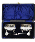 1915 Antique George V Era Sterling Silver Two Salt Pots and Two Spoons with Original Case Silversmith James Deakin & Sons Chester Hallmarks
