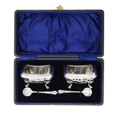 1915 Antique George V Era Sterling Silver Two Salt Pots and Two Spoons with Original Case Silversmith James Deakin & Sons Chester Hallmarks