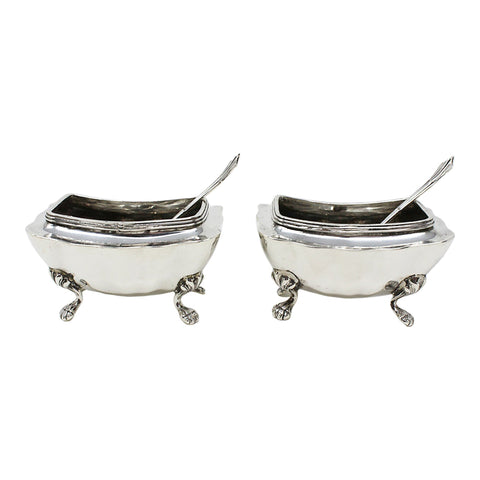 1915 Antique George V Era Sterling Silver Two Salt Pots and Two Spoons with Original Case Silversmith James Deakin & Sons Chester Hallmarks