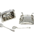 1915 Antique George V Era Sterling Silver Two Salt Pots and Two Spoons with Original Case Silversmith James Deakin & Sons Chester Hallmarks