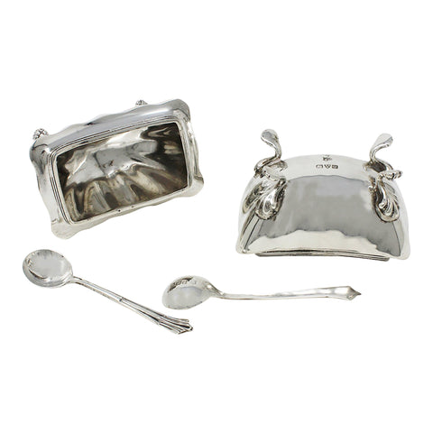 1915 Antique George V Era Sterling Silver Two Salt Pots and Two Spoons with Original Case Silversmith James Deakin & Sons Chester Hallmarks