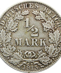 1915 Half Mark Germany Wilhelm II Coin Silver (type 2 - small shield) D