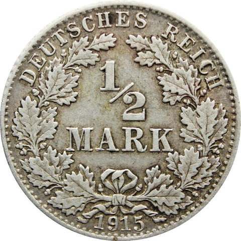 1915 Half Mark Germany Wilhelm II Coin Silver (type 2 - small shield) D