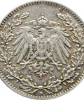 1915 Half Mark Germany Wilhelm II Coin Silver (type 2 - small shield) D