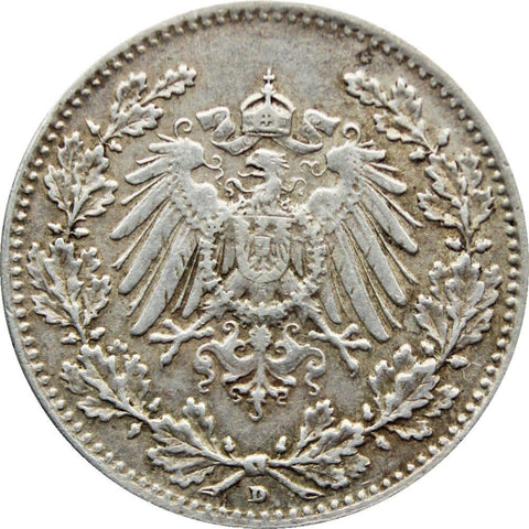 1915 Half Mark Germany Wilhelm II Coin Silver (type 2 - small shield) D