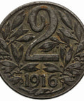1916 2 Heller Austria Coin Karl I