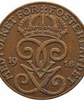 1916 2 Öre Sweden Coin Gustaf V short 6
