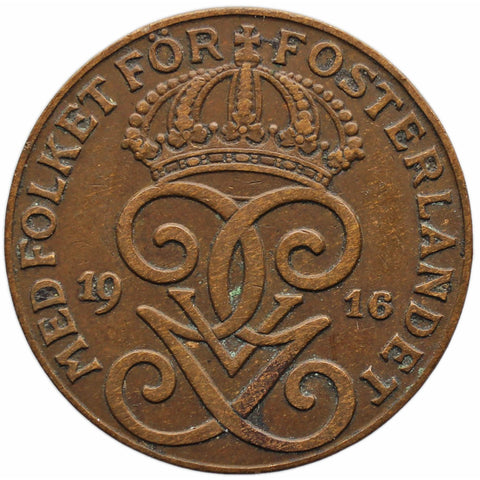 1916 2 Öre Sweden Coin Gustaf V short 6