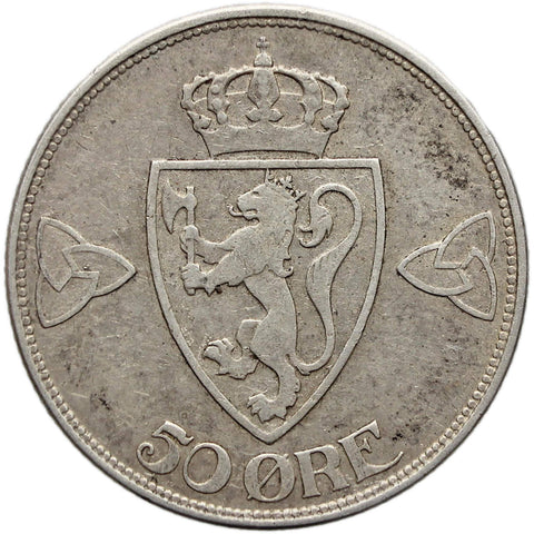 1916 50 Ore Norway Coin Haakon VII Silver