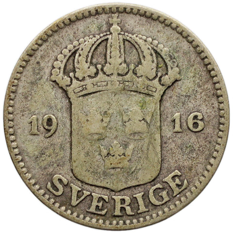 1916 W 25 Öre Sweden Coin Gustaf V Silver