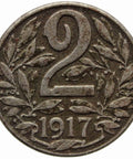 1917 2 Heller Austria Coin Karl I
