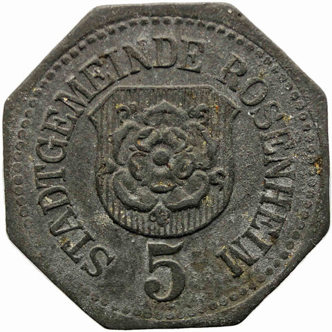 1917 5 Pfennig German Coin Rosenheim Stadt, Bayern Notgeld