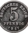 1917 5 Pfennig Germany Coin Wilhelm II