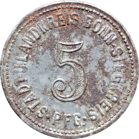 1918 5 Pfennig German Stadt, Land und Siegkreis, Rheinprovinz Notgeld Coin