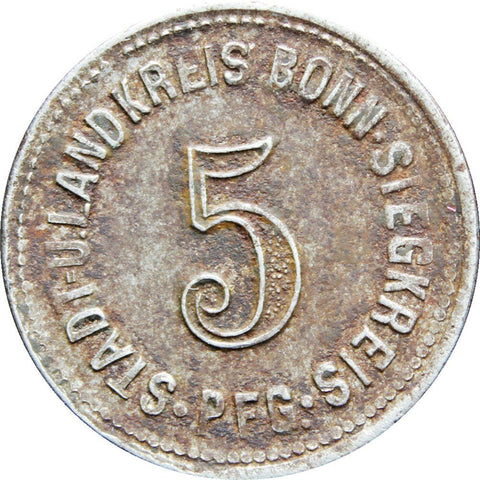 1918 5 Pfennig German Stadt, Land und Siegkreis, Rheinprovinz Notgeld Coin