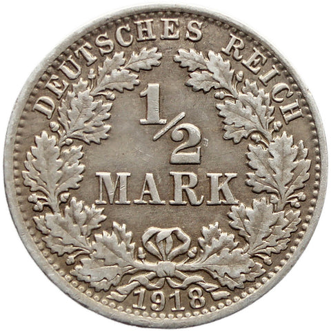 1918 A Germany Half Mark Wilhelm II Coin Silver Berlin Mint