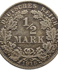 1918 A Germany Half Mark Wilhelm II Coin Silver Berlin Mint