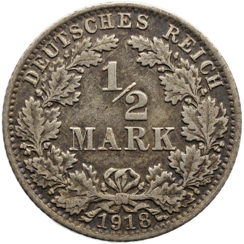 1918 A Germany Half Mark Wilhelm II Coin Silver Berlin Mint