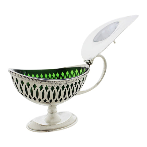 1919 Antique George V Era Sterling Silver Mustard Pot with Green Glass Liner Silversmiths Mappin & Webb Ltd Birmingham Hallmarks