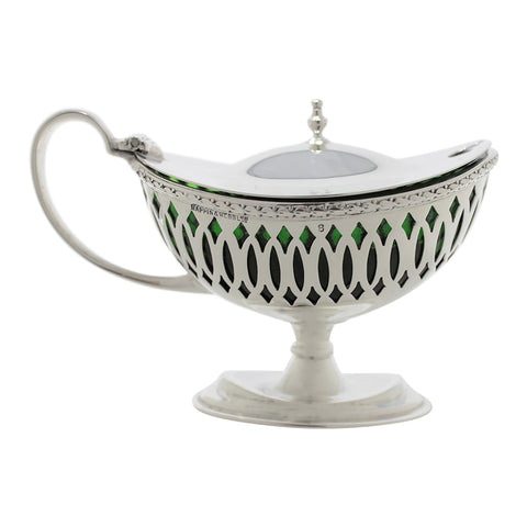 1919 Antique George V Era Sterling Silver Mustard Pot with Green Glass Liner Silversmiths Mappin & Webb Ltd Birmingham Hallmarks