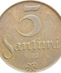 1922 Latvia 5 Santimi Coin