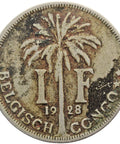 1928 One Franc Coin Belgian Congo Albert I Dutch text