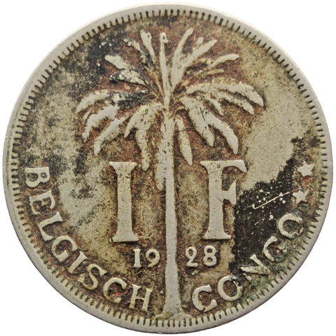 1928 One Franc Coin Belgian Congo Albert I Dutch text