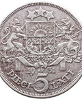 1931 5 Lati Latvia Coin Silver