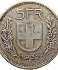 1932 B Five Francs Switzerland Coin Silver Bern Mint Herdsman