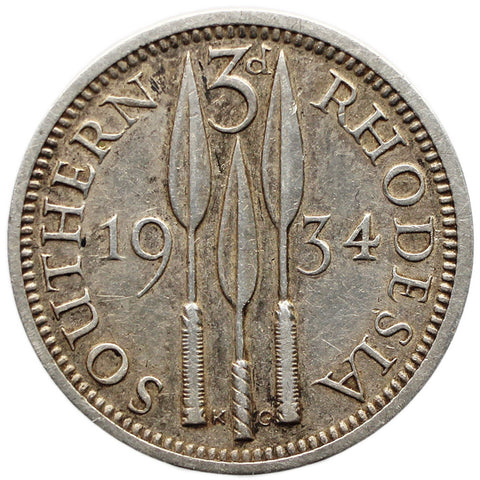 1934 3 Pence Southern Rhodesia Coin Zimbabwe George V Silver