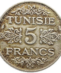 1935 (1353) 5 Francs Tunisia Coin Ahmad II of Tunis Silver