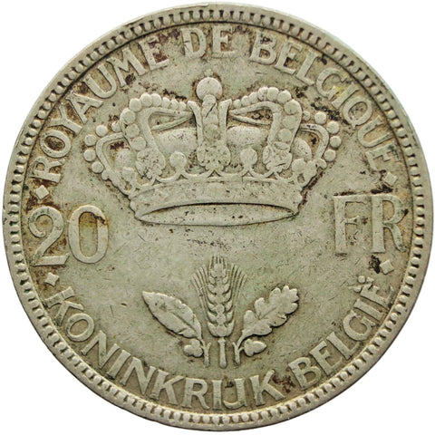 1935 20 Francs Belgium Silver Coin Leopold III