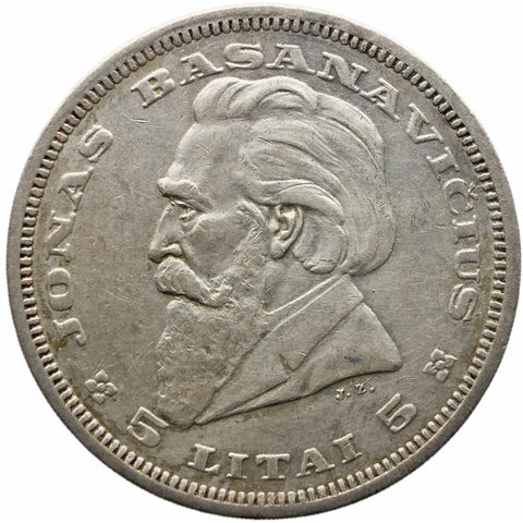 1936 5 Litai Lithuania Coin Silver Jonas Basanavičius