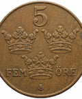 1936 5 Öre Sweden Coin Gustaf V short 6