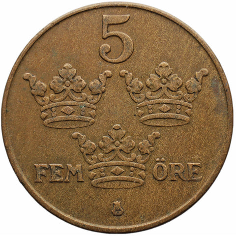 1936 5 Öre Sweden Coin Gustaf V short 6