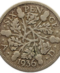 1936 6 Pence George V Silver Coin United Kingdom