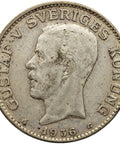 1936 G One Krona Sweden Coin Gustaf V Silver