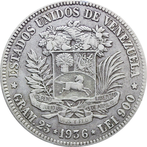 1936 Venezuela 5 Bolivares Silver Coin Philadelphia Mint Simon Bolivar