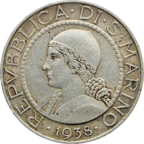 1938 San Marino 5 Lire Silver Coin