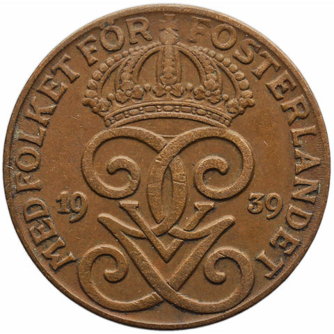 1939 2 Öre Sweden Coin Gustaf V