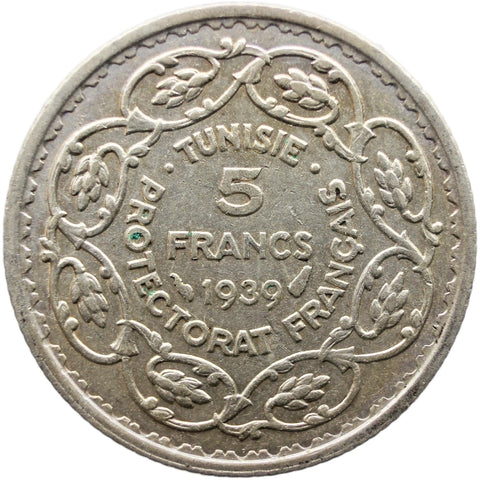 1939 5 Francs Tunisia Coin Ahmad II of Tunis Silver
